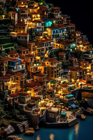 Generative AI : Illuminated Street of Riomaggiore in Cinque Terre at Night Italyの素材