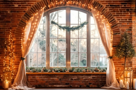 Generative AI : Awning over wooden window on brick wallの素材