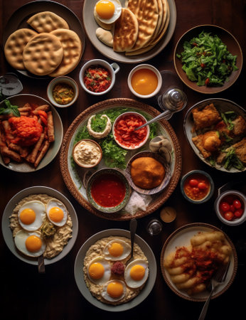 Generative AI : Brunch table setting with different delicious food indoors top viewの素材
