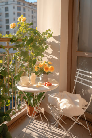 Generative AI : Beautiful terrace or balcony with small table chair and flowersの素材