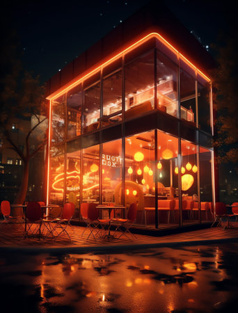 Generative AI : Beautiful view of modern cafe with outdoor terrace at nightの素材