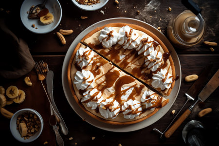 Generative AI : Banoffee pie with caramel sauce on the wooden tableの素材