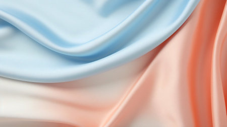 Generative AI : Beautiful pastel Baby Blue and Pale Peach silk satin background. Soft folds on shiny fabric. Luxury background with copy space for text, design. Web banner. Flat laの素材