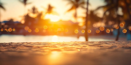 Generative AI : Blur tropical sunset beach with bokeh sun light wave abstract background. Copy space of outdoor summer vacation and travel adventure conceptの素材