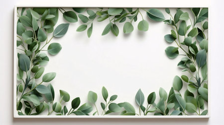 Generative AI : Wooden product display Eucalyptus Wreaths with blurred nature leaves background.の素材