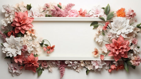 Generative AI : Foral mock up. Botanical Beauty and empty paper blank against gray textured table. Copy space, minimal design.の素材