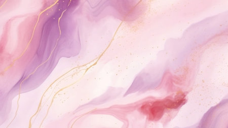 Generative AI : Violet cyan blue liquid watercolor background with golden stains. Teal mauve purple marble alcohol ink drawing effect. Vector illustration design template for weddiの素材