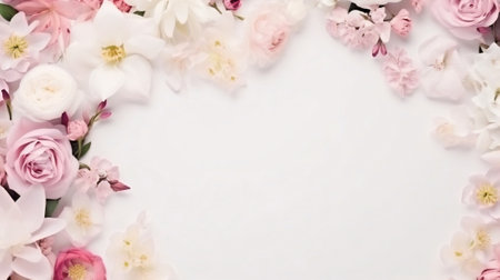 Generative AI : White Blossoming Garden flowers on side of background with blank copy spaceの素材