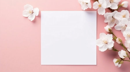 Generative AI : Wedding invitation or Mother's Day background, empty space surrounded with flowers, top view peoniesの素材