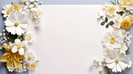 Generative AI : Summer wildflower frame, watercolor illustration. Floral border with blank space for text. Hand drawn pink, yellow, blue meadow flowers and herbs on white backgrounの素材