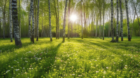 Generative AI : Birch grove in spring on sunny day with beautiful carpet of juicy green young grass and dandelions in rays of sunlight Spring natural landscape backgroundの素材