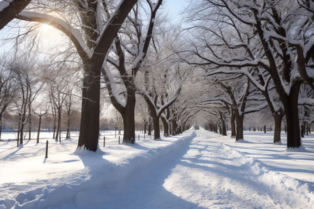 Generative AI : Beautiful natural landscape of a snowy city park with snowcovered trees and frozen pond on bright winter dayの素材