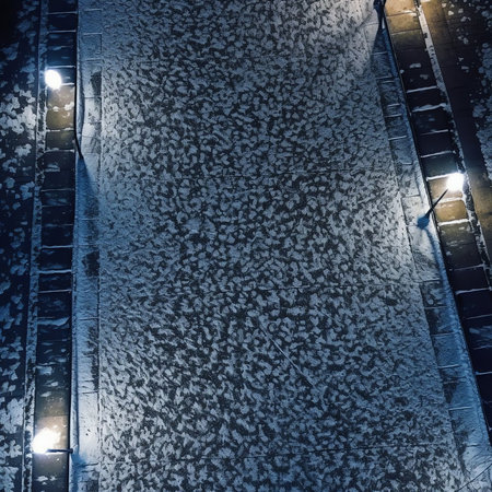 Generative AI : Large flakes of snow in the winter in the city on the street Beautiful quiet serene snowfall outdoors in winter Urban view of the quiet courtyard with a carの素材