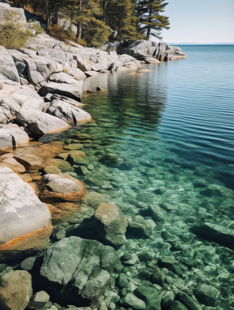 Generative AI : Nature enclosed rocky bay on sunny day with a view of sea surface turning branches green cedars and bright blue cloudless skyの素材