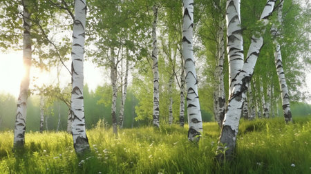 Generative AI : Young slim thin birch trees in the spring in the forest Branches of birch trees with young juicy leaves in the summer sun in the open airの素材