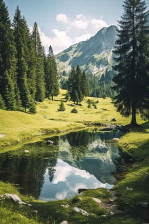Generative AI : Amazingly beautiful summertime landscape with a mountain lake with emerald water surrounded by coniferous forests and majestic mountainsの素材
