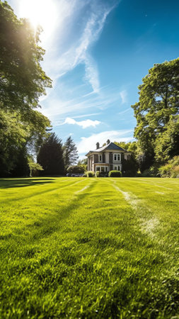 Generative AI : Wide format image of a beautifully trimmed lawn lit by soft sunlight in front of a country house on a warm summer dayの素材