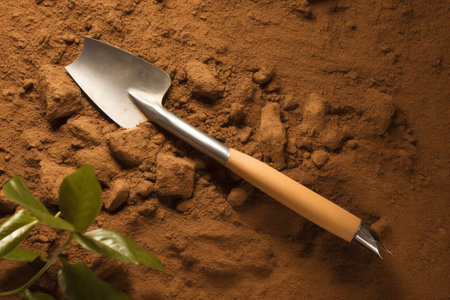 Generative AI : Beautiful Fresh green young seedling of sweet pepper plants in a brown soil and hand with a small garden shovel top view is closeup There is room for textの素材
