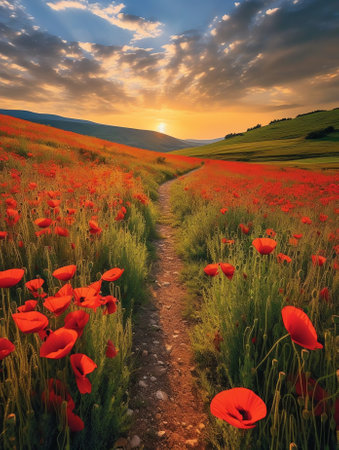 Generative AI : Beautiful natural landscape with field of blooming poppies in evening at sunsetの素材