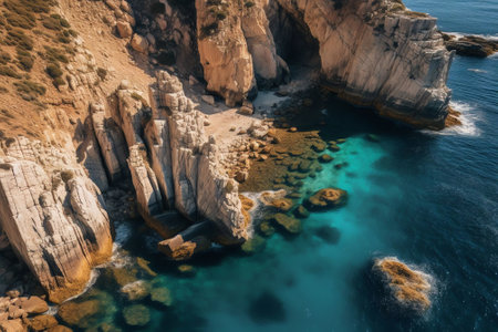Generative AI : Beautiful panoramic landscape of nature of the Mediterranean coast with top view of huge stones and rocks in water turquoiseの素材