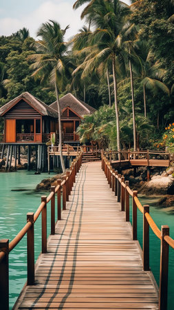 Generative AI : Tropical resort landscape Blue sky and turquoise ocean Bridge leading to houses on stilts Amazingly clear water unity with nature relaxation and restの素材
