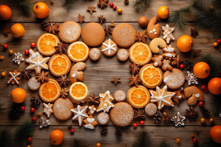 Generative AI : Christmas composition frame with ginger snap Cookie and gingerbread on brown wooden background flat lay copy spaceの素材