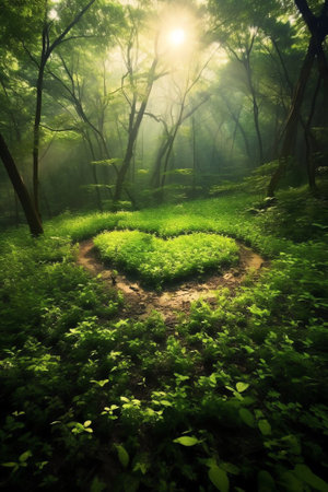 Generative AI : Silhouette of a heart in the foliage of trees Two beautiful textured tree trunks with green juicy leaves in the rays of sunlightの素材