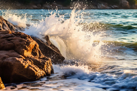 Generative AI : Romantic beauty of sea nature at sunset with stormy waves crashing against the coastal rocksの素材