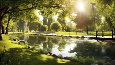 Generative AI : Very beautiful idyllic natural panorama of city spring summer park with pond that reflects surrounding trees and blue sky on bright sunny dayの素材