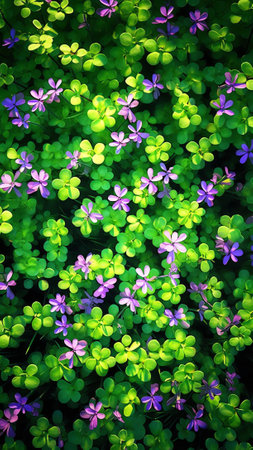 Generative AI : Beautiful flowers macro abstract art background with a soft focus Purple lilac flowers clover in nature on yellow and green backgroundの素材