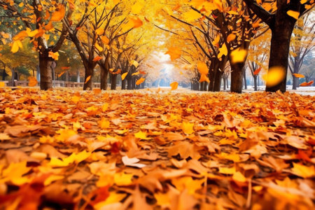 Generative AI : Beautiful autumn background landscape Carpet of fallen orange autumn leaves in park and blue umbrella Leaves fly in wind in sunlight Concept of Golden autumn ultraの素材