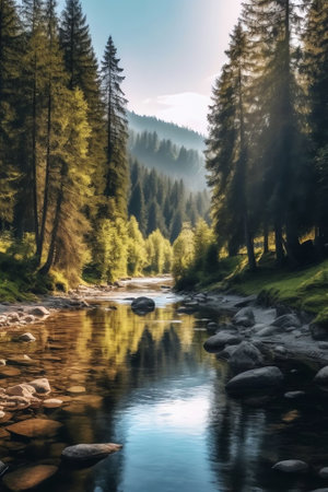 Generative AI : Beautiful natural rural morning landscape with a river and sunbeams making their way through green of trees against backdrop of blue sky with cloudsの素材