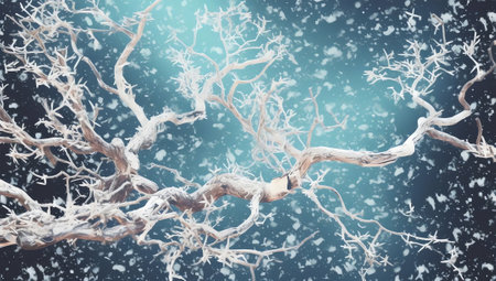 Generative AI : Beautiful composition of winter nature tree branches covered with snow against the background of snowdrifts and light snowfallの素材