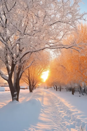 Generative AI : Beautiful view of park on winter morning cold sun shines through branches of snowcovered trees Winter natural landscapeの素材