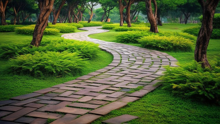 Generative AI : Beautiful manicured lawn on plot outdoor Green lawn and winding path of stonesの素材