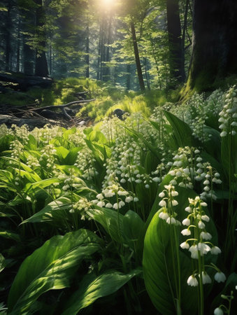 Generative AI : Blossoming lilies of the valley in a sunny forest Lilyofthevalley Convallaria majalisの素材