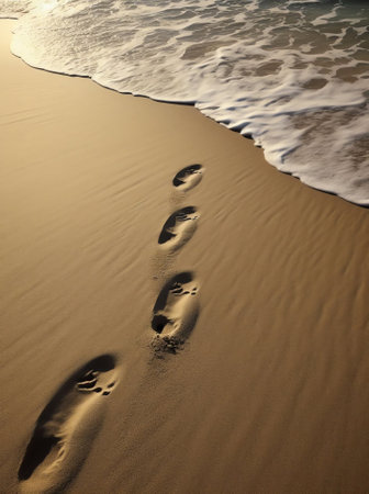 Generative AI : Footprints on a golden sunny sandy beach in resort on summer vacation rest soft sea wave with foam Backgroundの素材