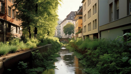 Generative AI : Beautiful urban landscape with a calm flow of the river framed by a parapet and alleys of trees with lush green crownsの素材