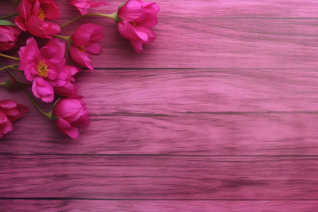Generative AI : Floral background for congratulations Beautiful magenta azaleas flowers on a white wooden background with copy space top view Light wooden template with border of aの素材