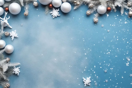 Generative AI : Christmas snow winter background with snowdrifts branches in the hoarfrost snowfall on a blue background with free spaceの素材