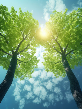 Generative AI : Two tall poplar trees with a green crown of foliageの素材