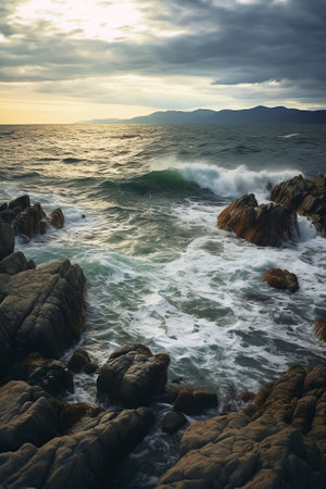 Generative AI : Romantic beauty of sea nature at sunset with stormy waves crashing against the coastal rocksの素材