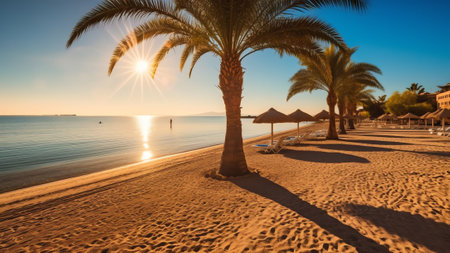 Generative AI : Beautiful panorama with a golden beach with palm trees and yachts against a blue sky with clouds Romantic idealistic image of an exotic beach holiday Egypt Hurghadaの素材