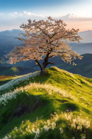 Generative AI : Beautiful spring panoramic landscape with flowering tree against backdrop of mountains with rays of sunlight Spring awakening nature selective soft focusの素材