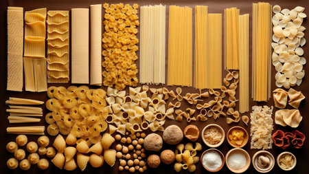 Generative AI : Pasta assorted Set of different types of paste in the cells of a wooden boxの素材