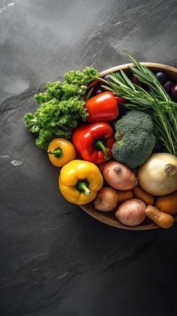 Generative AI : Creative bright colorful composition of organic vegetables on dark black textured marble table top view Flat lay in vintage style Food vegetables concept healthy eaの素材