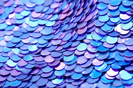 Generative AI : Sequins closeup macro Abstract background with blue sequins and lilac color on the fabric Texture scales of round sequins with color transitionの素材