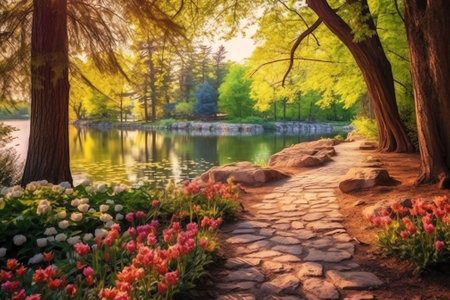 Generative AI : Beautiful colorful summer spring natural landscape with a lake in Park surrounded by green foliage of trees in sunlight and stone path in foregroundの素材