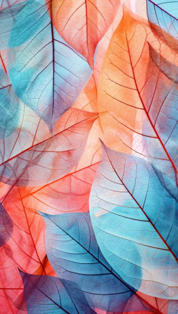 Generative AI : Texture transparent skeleton leaves blue turquoise pink peach pastel color macro Gentle colorful beautiful artistic image of nature Natural backgroundの素材