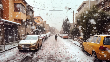 Generative AI : Large flakes of snow in the winter in the city on the street in the courtyard Beautiful quiet serene snowfall outdoors in winter Town view background for Christmasの素材
